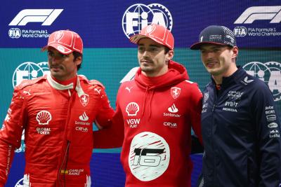 (L to R): Carlos Sainz Jr (ESP) Ferrari; Charles Leclerc (MON) Ferrari; and Max Verstappen (NLD) Red Bull Racing, in