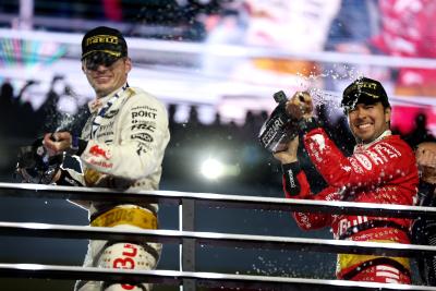 (L to R): Race winner Max Verstappen (NLD) Red Bull Racing celebrates on the podium with third placed Sergio Perez (MEX) Red