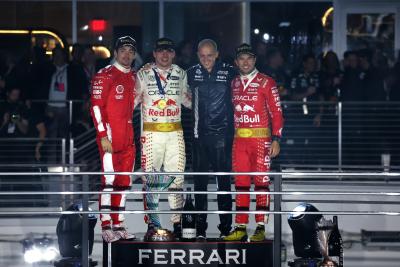 The podium (L to R): Charles Leclerc (MON) Ferrari, second; Max Verstappen (NLD) Red Bull Racing, race winner; Francesco