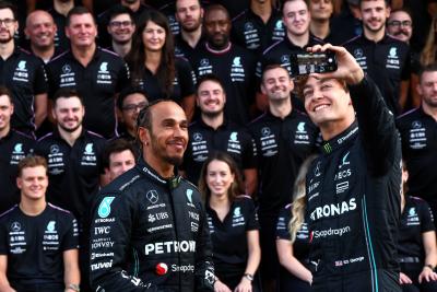 (L to R): Lewis Hamilton (GBR) Mercedes AMG F1 and George Russell (GBR) Mercedes AMG F1 at a team photograph. Formula 1