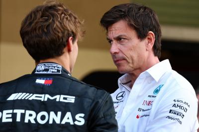 (L to R): George Russell (GBR) Mercedes AMG F1 with Toto Wolff (GER) Mercedes AMG F1 Shareholder and Executive Director.
