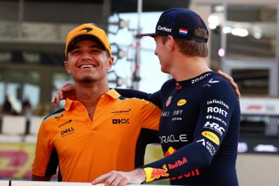 (L to R): Lando Norris (GBR) McLaren with Max Verstappen (NLD) Red Bull Racing on the drivers' parade. Formula 1 World