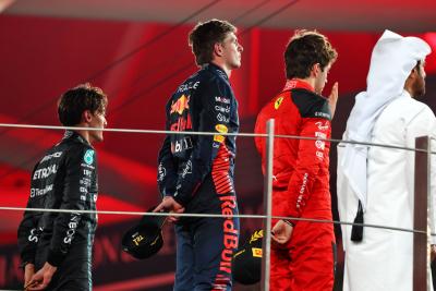 The podium: Charles Leclerc (MON) Ferrari, second; Max Verstappen (NLD) Red Bull Racing, race winner; George Russell (GBR)