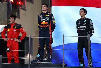 The podium (L to R): Charles Leclerc (MON) Ferrari, second; Max Verstappen (NLD) Red Bull Racing, race winner; George