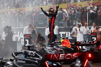 Race winner Max Verstappen (NLD) Red Bull Racing RB19 celebrates in parc ferme. Formula 1 World Championship, Rd 23, Abu