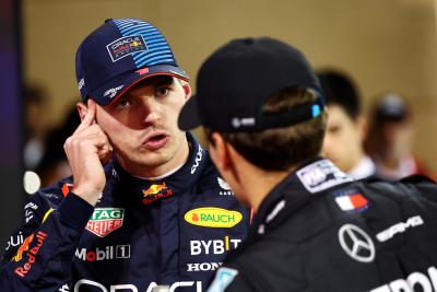Max Verstappen (NLD) Red Bull Racing with George Russell (GBR) Mercedes AMG F1 in qualifying parc ferme. Formula 1 World