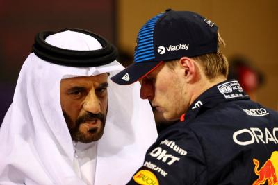 (L to R): Mohammed Bin Sulayem (UAE) FIA President with pole sitter Max Verstappen (NLD) Red Bull Racing in qualifying parc