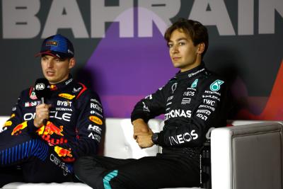 George Russell (GBR) Mercedes AMG F1 and Max Verstappen (NLD) Red Bull Racing in the post qualifying FIA Press Conference.
