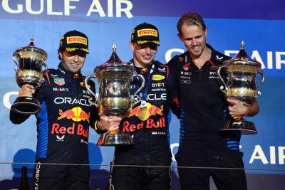 2nd place Sergio Perez (MEX) Red Bull Racing RB20 with 1st place Max Verstappen (NLD) Red Bull Racing RB20, Tom Hart (GBR)