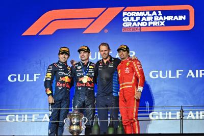 The podium (L to R): Sergio Perez (MEX) Red Bull Racing, second; Max Verstappen (NLD) Red Bull Racing, race winner; Tom Hart