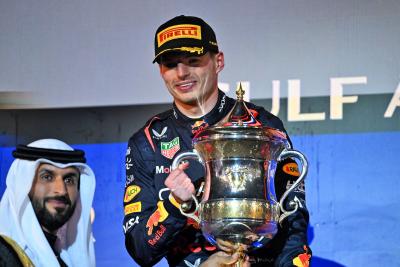 Race winner Max Verstappen (NLD) Red Bull Racing celebrates in on the podium. Formula 1 World Championship, Rd 1, Bahrain