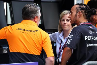 (L to R): Zak Brown (USA) McLaren Executive Director with Susie Wolff (GBR) F1 Academy Managing Director and Lewis Hamilton