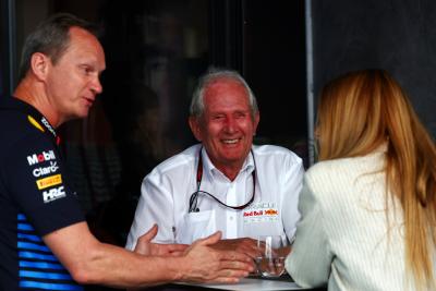 Dr Helmut Marko (AUT) Red Bull Motorsport Consultant with Paul Monaghan (GBR) Red Bull Racing Chief Engineer (Left).