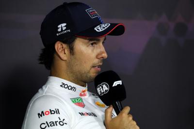 Sergio Perez (MEX) Red Bull Racing in the post race FIA Press Conference. Formula 1 World Championship, Rd 2, Saudi