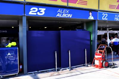 Pit garage of Alexander Albon (THA) Williams Racing closed as he doesn't take part in the second practice session. Formula