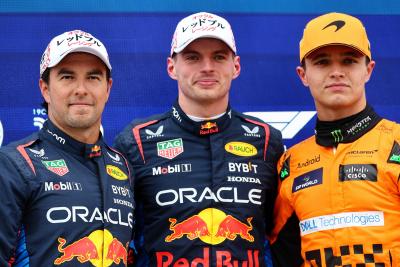 Qualifying top three in parc ferme (L to R): Sergio Perez (MEX) Red Bull Racing, second; Max Verstappen (NLD) Red Bull