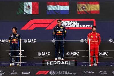 The podium (L to R): Sergio Perez (MEX) Red Bull Racing, second; Max Verstappen (NLD) Red Bull Racing, race winner; Carlos