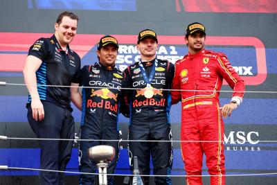 The podium (L to R): Craig Dear (GBR) Red Bull Racing Principal Aerodynamicist; Sergio Perez (MEX) Red Bull Racing, second;