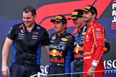 The podium (L to R): Craig Dear (GBR) Red Bull Racing Principal Aerodynamicist; Sergio Perez (MEX) Red Bull Racing, second;