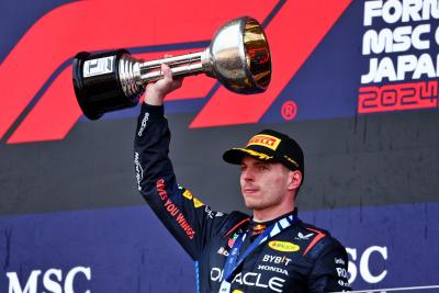 Race winner Max Verstappen (NLD) Red Bull Racing celebrates on the podium. Formula 1 World Championship, Rd 4, Japanese