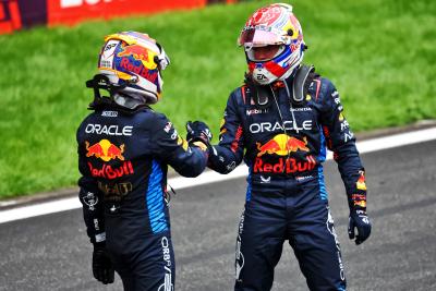 Race winner Max Verstappen (NLD) Red Bull Racing (Right) celebrates with third placed team mate Sergio Perez (MEX) Red Bull
