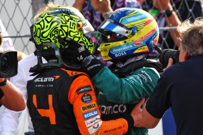 Race winner Lando Norris (GBR) McLaren celebrates in parc ferme with Fernando Alonso (ESP) Aston Martin F1 Team. Formula 1
