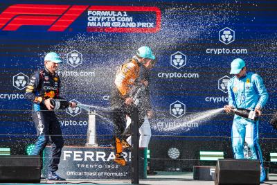 The podium (L to R): Max Verstappen (NLD) Red Bull Racing, second; Lando Norris (GBR) McLaren, race winner; Charles Leclerc