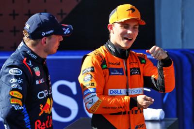 (L to R): Pole sitter Max Verstappen (NLD) Red Bull Racing in qualifying parc ferme with second placed Oscar Piastri (AUS)