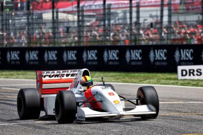 Sebastian Vettel (GER) in a 1993 McLaren MP4/8. Formula 1 World Championship, Rd 7, Emilia Romagna Grand Prix, Imola,