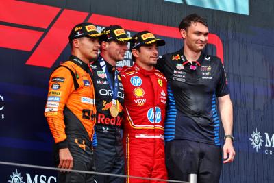 The podium (L to R): Lando Norris (GBR) McLaren, second; Max Verstappen (NLD) Red Bull Racing, race winner; Charles Leclerc