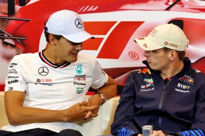 (L to R): George Russell (GBR) Mercedes AMG F1 and Max Verstappen (NLD) Red Bull Racing, in the FIA Press Conference.
