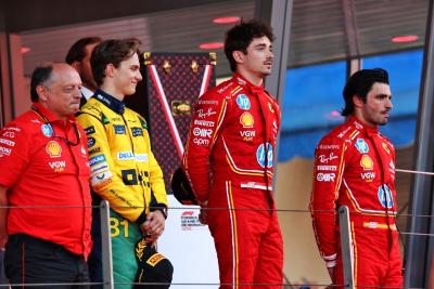 The podium (L to R): Frederic Vasseur (FRA) Ferrari Team Principal; Oscar Piastri (AUS) McLaren, second; Charles Leclerc