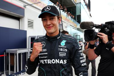 George Russell (GBR) Mercedes AMG F1 celebrates his pole position in qualifying parc ferme. Formula 1 World Championship,