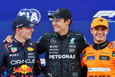 Qualifying top three in parc ferme (L to R): Max Verstappen (NLD) Red Bull Racing, second; George Russell (GBR) Mercedes AMG