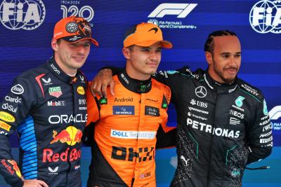The top three in qualifying parc ferme (L to R): Max Verstappen (NLD) Red Bull Racing, second; Lando Norris (GBR) McLaren,