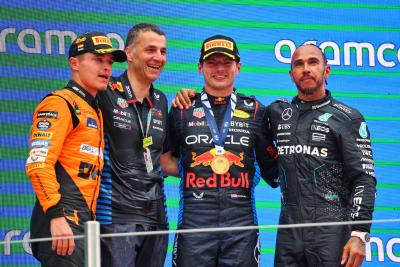 The podium (L to R): Lando Norris (GBR) McLaren, second; Max Verstappen (NLD) Red Bull Racing, race winner; Lewis Hamilton