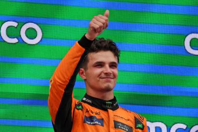 Lando Norris (GBR) McLaren celebrates his second position on the podium. Formula 1 World Championship, Rd 10, Spanish