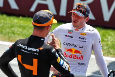 Sprint winner Max Verstappen (NLD) Red Bull Racing in parc ferme with third placed Lando Norris (GBR) McLaren. Formula 1