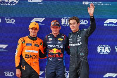 Qualifying top three in parc ferme (L to R): Lando Norris (GBR) McLaren, second; Max Verstappen (NLD) Red Bull Racing, pole