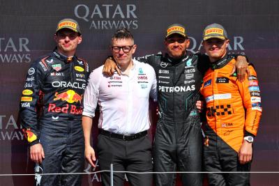 The podium (L to R): Max Verstappen (NLD) Red Bull Racing, second; Peter Bonnington (GBR) Mercedes AMG F1 Race Engineer;