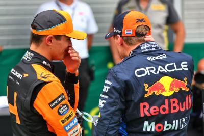 (L to R): Pole sitter Lando Norris (GBR) McLaren in qualifying parc ferme with third placed Max Verstappen (NLD) Red Bull