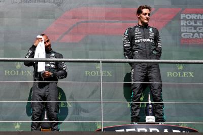 (L to R): Lewis Hamilton (GBR) Mercedes AMG F1 with team mate and race winner George Russell (GBR) Mercedes AMG F1 on the