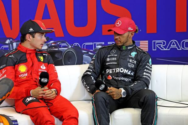 (L to R): Charles Leclerc (MON) Ferrari and Lewis Hamilton (GBR) Mercedes AMG F1, in the post qualifying FIA Press