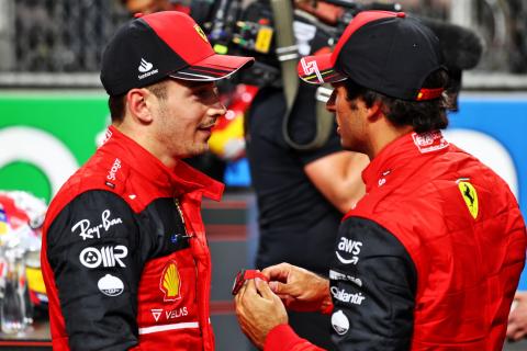(L to R): Charles Leclerc (MON) Ferrari with team mate Carlos Sainz Jr (ESP) Ferrari in qualifying parc