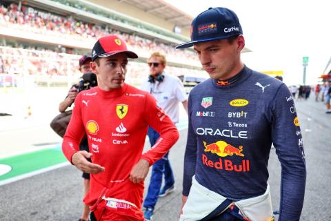 (L to R): Pole sitter Charles Leclerc (MON) Ferrari in qualifying parc ferme with second placed Max Verstappen (NLD) Red