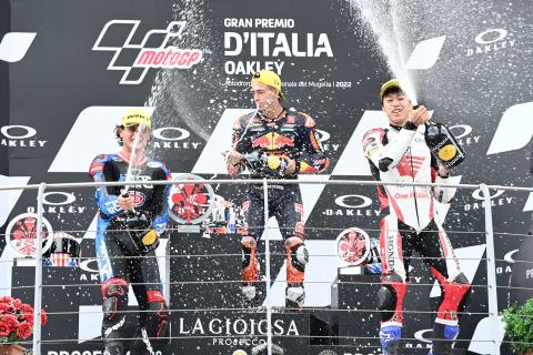 Pedro Acosta, Joe Roberts, Ai Ogura podium, Moto2 race, Italian MotoGP, 29 May