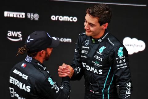 Race winner George Russell (GBR) Mercedes AMG F1 with second placed team mate Lewis Hamilton (GBR) Mercedes AMG F1 in parc