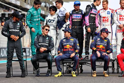 (L to R): Lewis Hamilton (GBR) Mercedes AMG F1; George Russell (GBR) Mercedes AMG F1; and Sergio Perez (MEX) Red Bull Racing