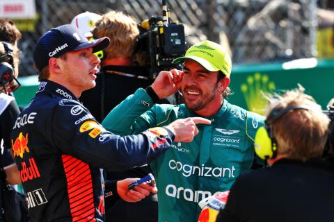 (L to R): Pole sitter Max Verstappen (NLD) Red Bull Racing with second placed Fernando Alonso (ESP) Aston Martin F1 Team in