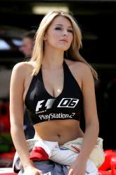 Model Keeley Hazell (GBR) promotes F1 06` Playstation game with the Midland team
British Grand Pri
